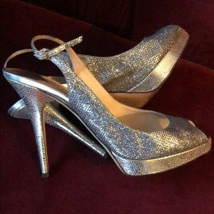 JIMMY CHOO silver glitter platform slingback heels